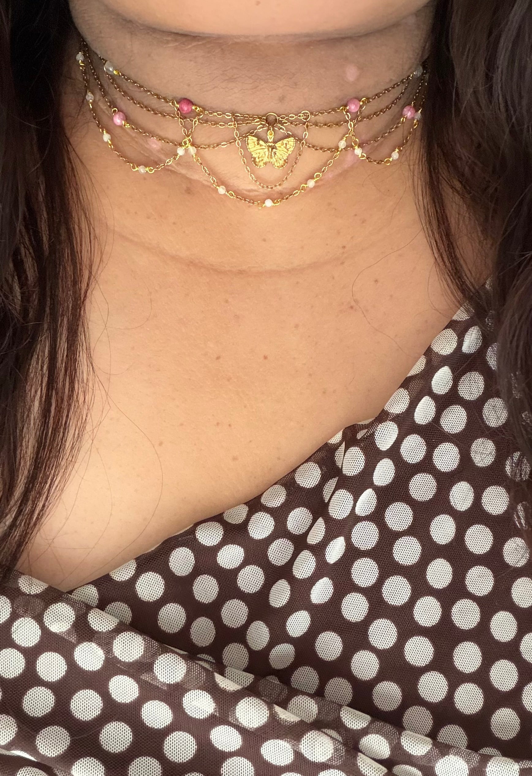 Collier Lorraine, cristal de roche 3A, pierre de lune AA, jade persan rose, pendentif papillon