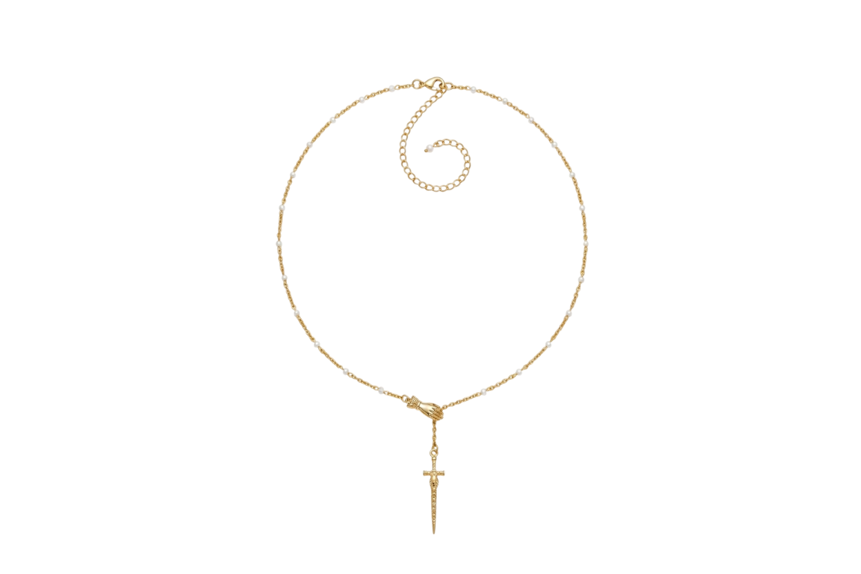 Collier Jaime version doré, perle de lune AA, pendentif main 14k et épée