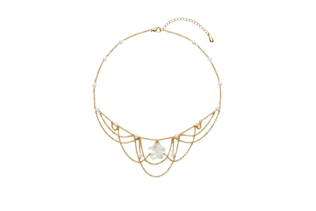 Collier Tahiti, unique doré, perle d’eau douce, pendentif fleur de tiaré en nacre naturelle