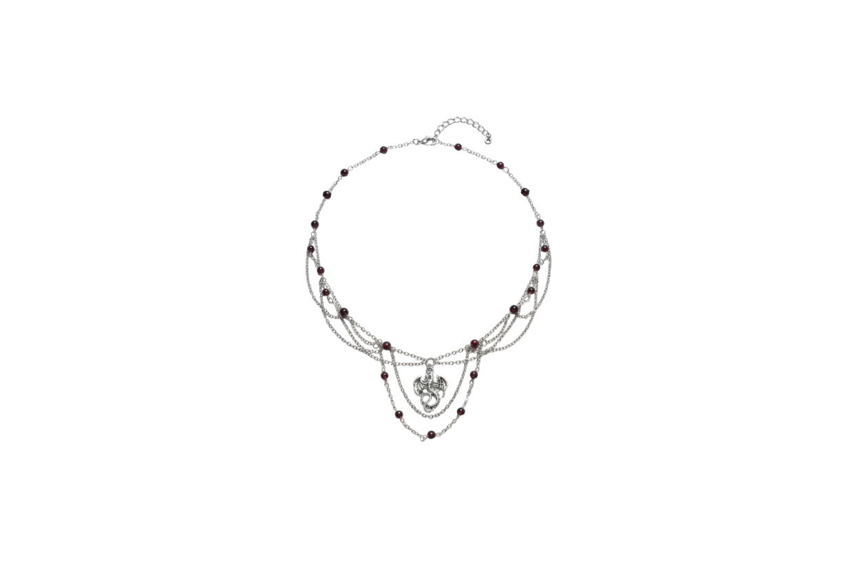 Collier Le Serment de Rhaenyra, grenat 1A, obsidienne noire, pendentif dragon