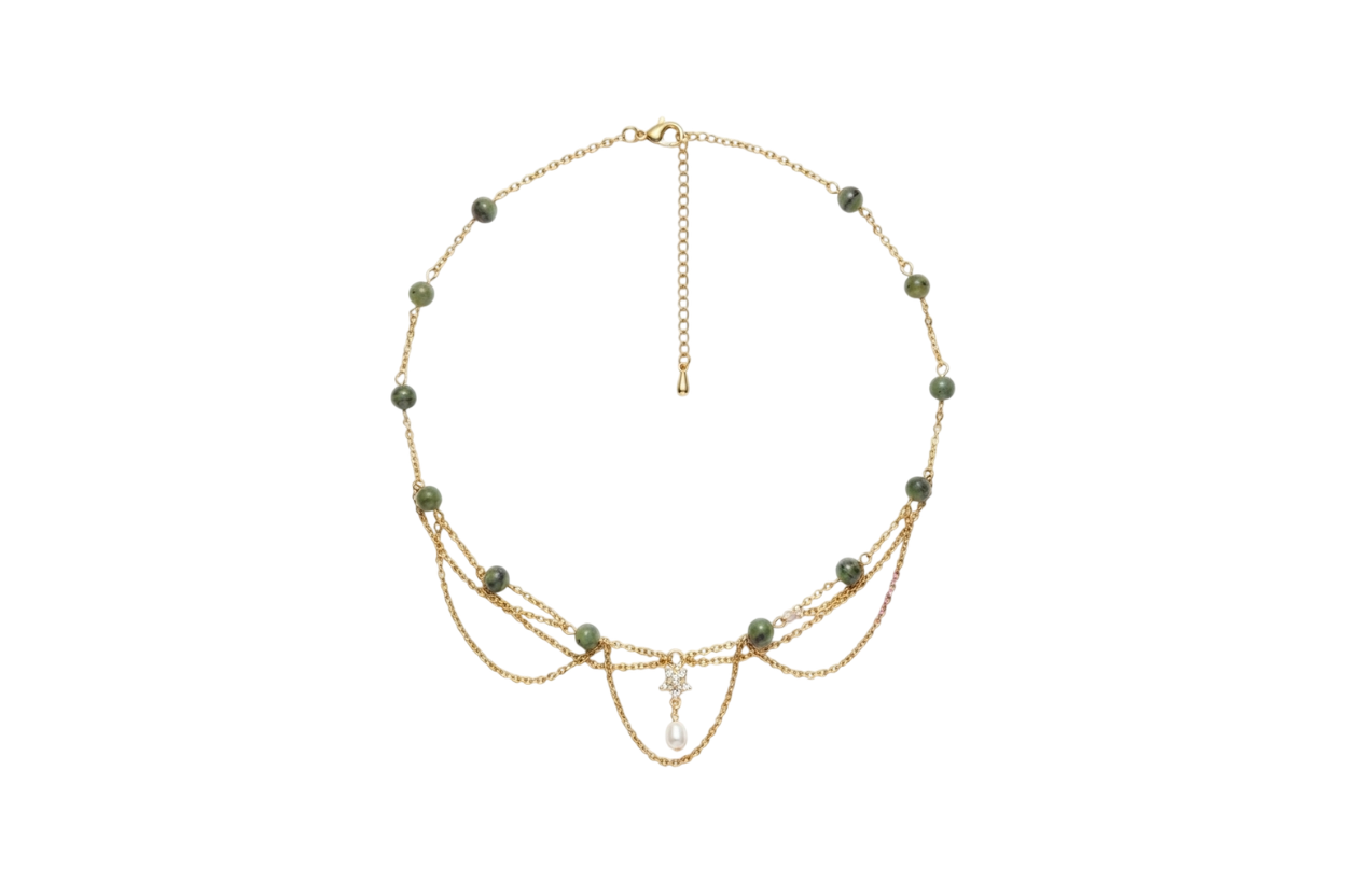 Collier Rosella, unique doré, jade canadien 3A, perle d'eau douce A, pendentif fleur laiton doré à l’or fin 18K et zircon