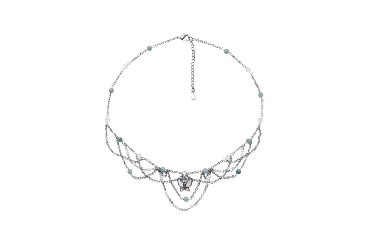 Collier Emily, unique argenté, cristal de roche 3A, aigue-marine, perle de lune blanche AA, pendentif papillon nacre