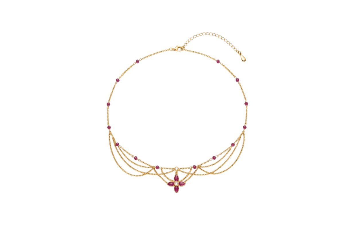 Collier rubis, unique doré, rubis, pendentif imitation rubis et zircon