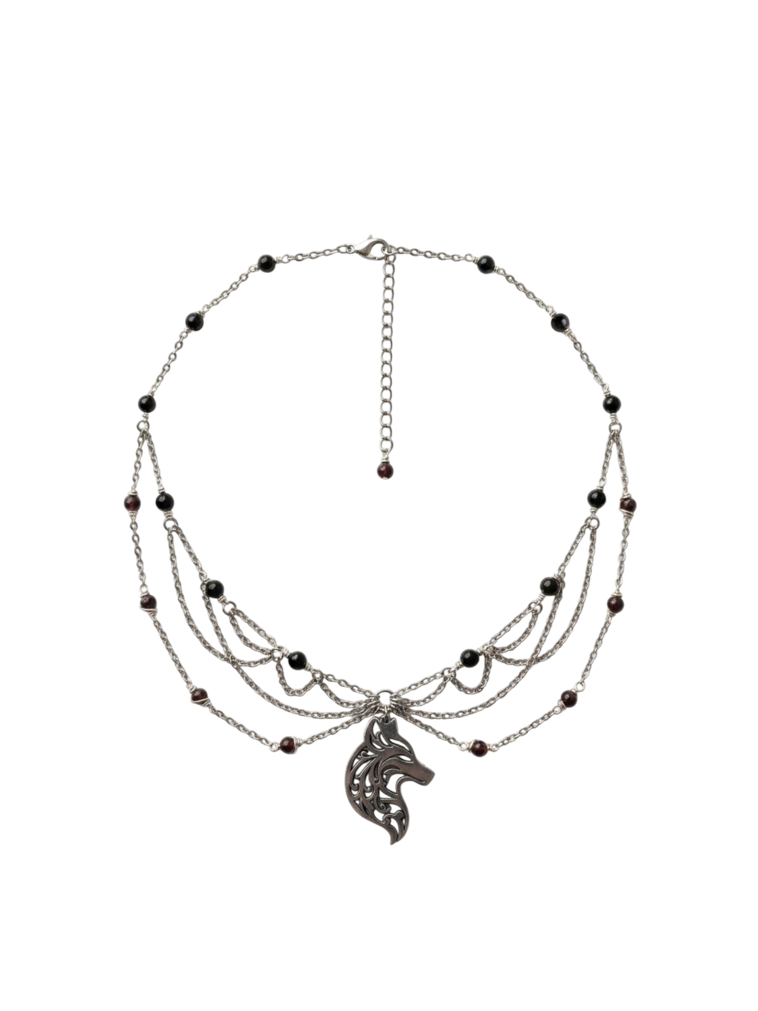 Collier l'Héritage de la Louve, obsidienne noire et grenat entretoise rouge foncé 1A