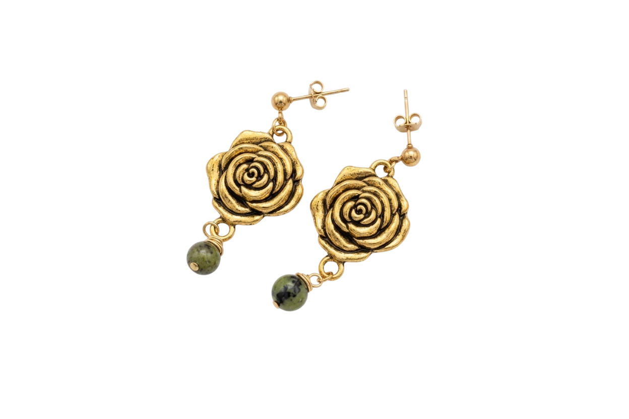 Boucles d'oreilles Les Épines, version doré, jade canadien 3A, pendentif rose