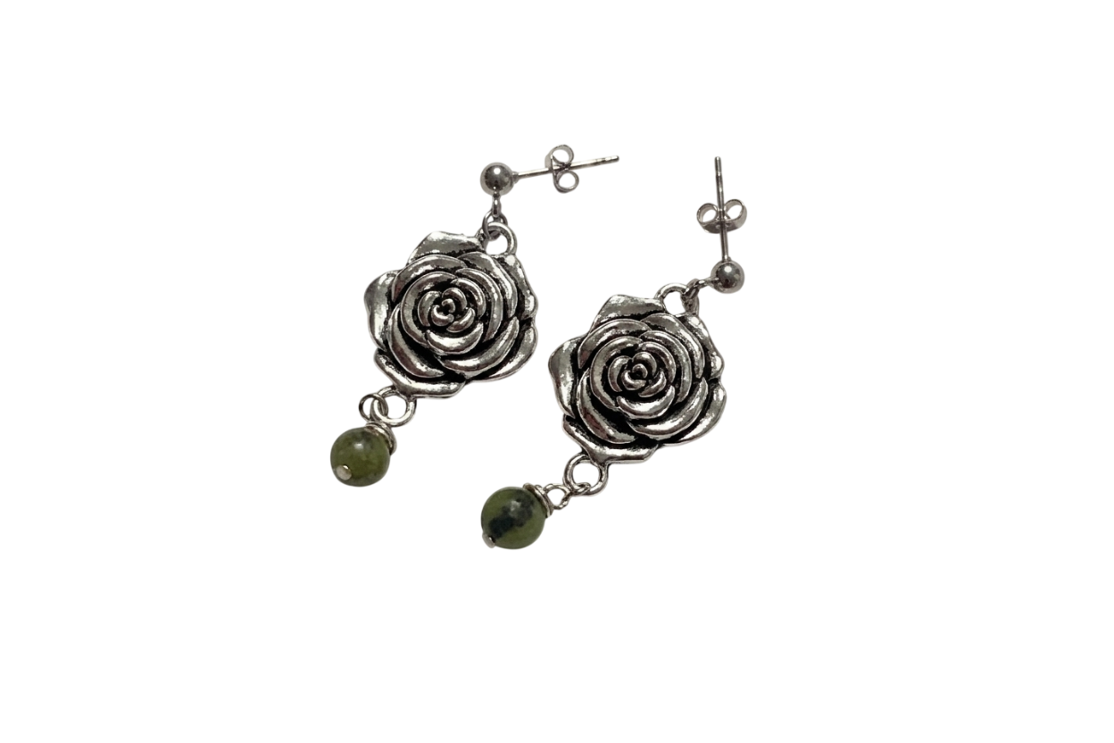 Boucles d'oreilles Les Épines, version argenté, jade canadien 3A, pendentif rose