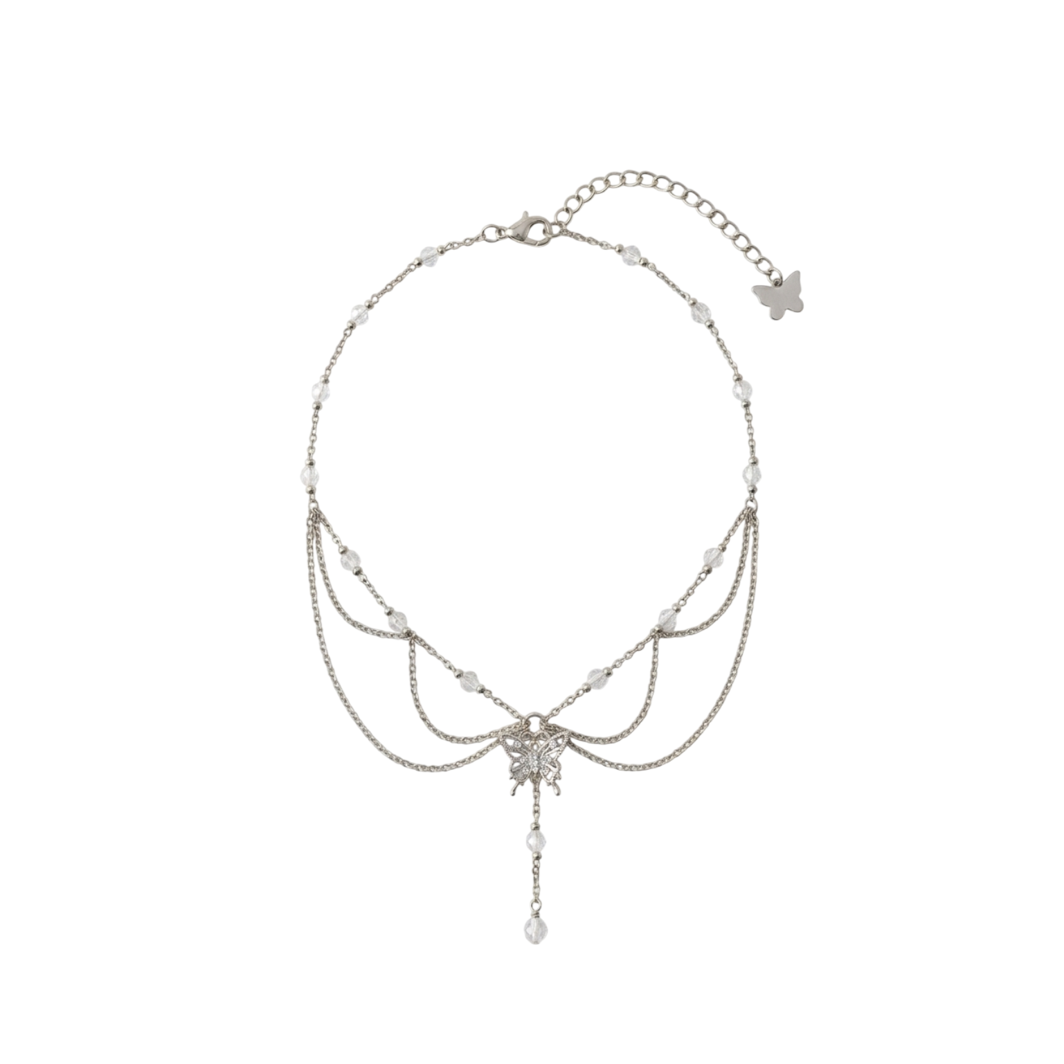 Collier Domino, cristal de roche 3A, pendentif papillon, argenté