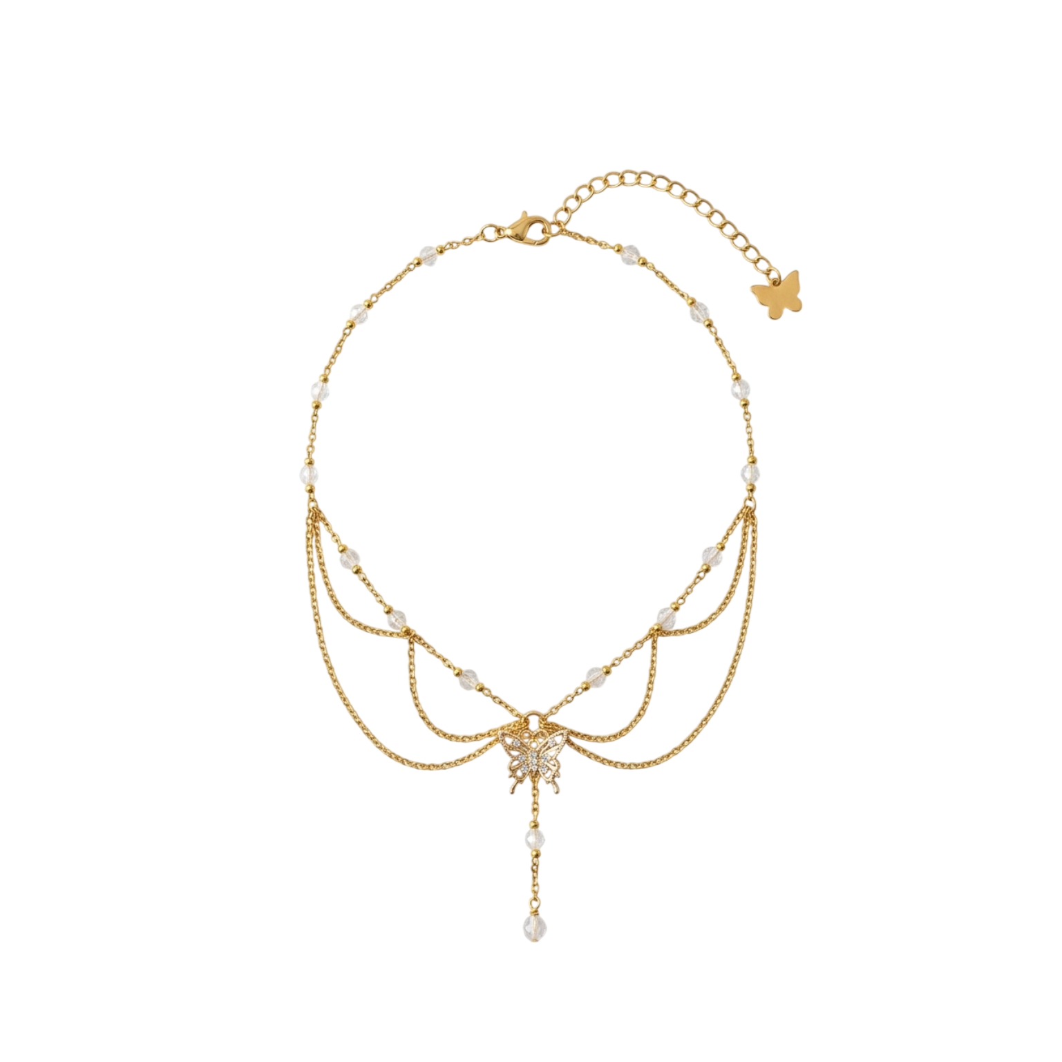 Collier Domino, cristal de roche 3A, pendentif papillon 24K, doré