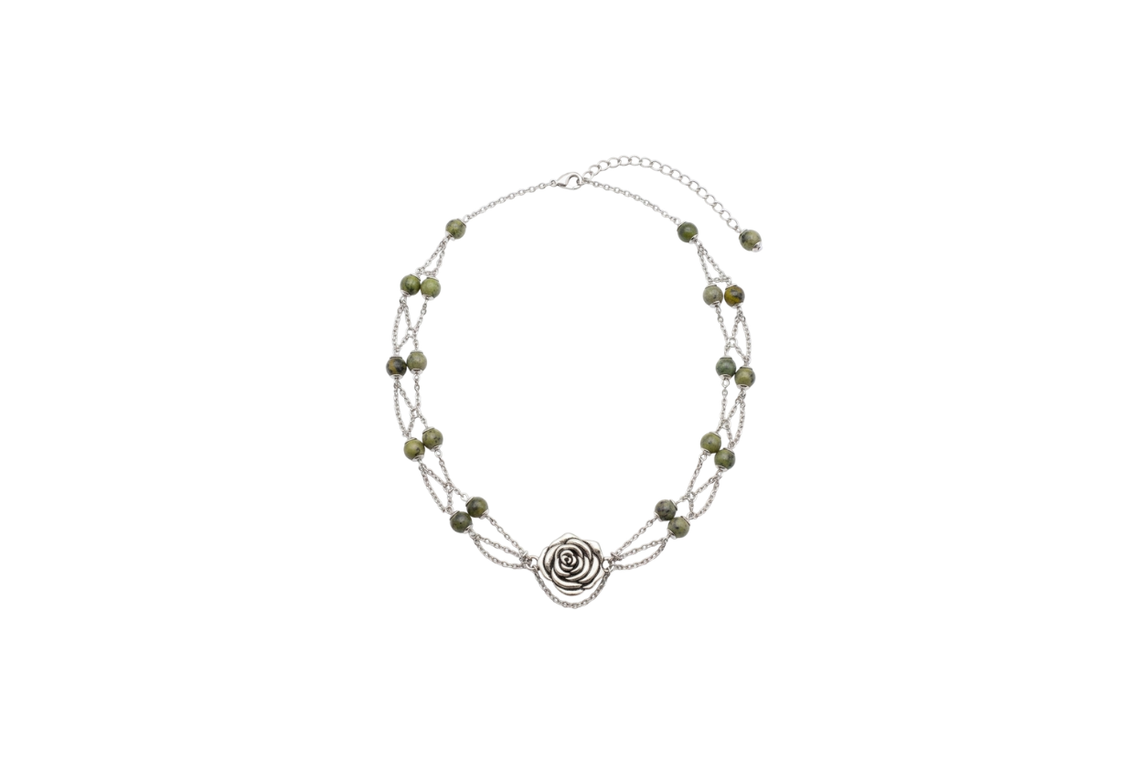 Collier Le Jardin des Roses, version argenté, jade canadien 3A, pendentif rose