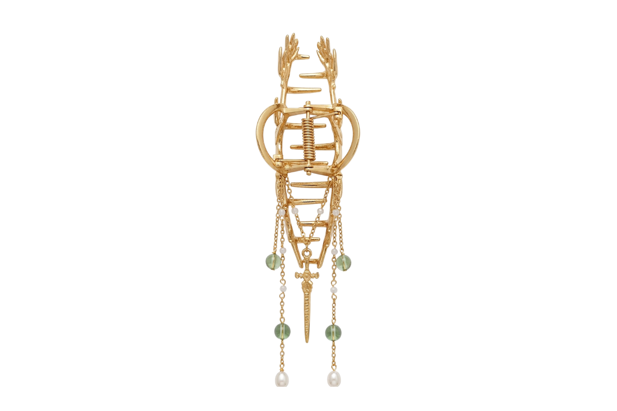 Pince à cheveux Lame d'Émeraude, version doré, perle de lune AA, cristal fantôme vert, perle d'eau douce AA, pendentif épée