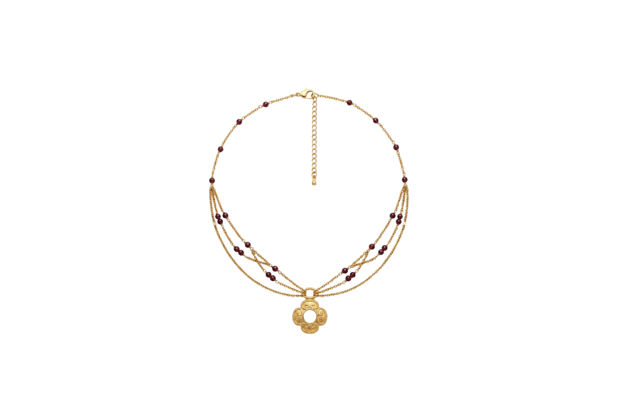 Collier La Reine Lionne, grenat 7A, pendentif trèfle ajouré