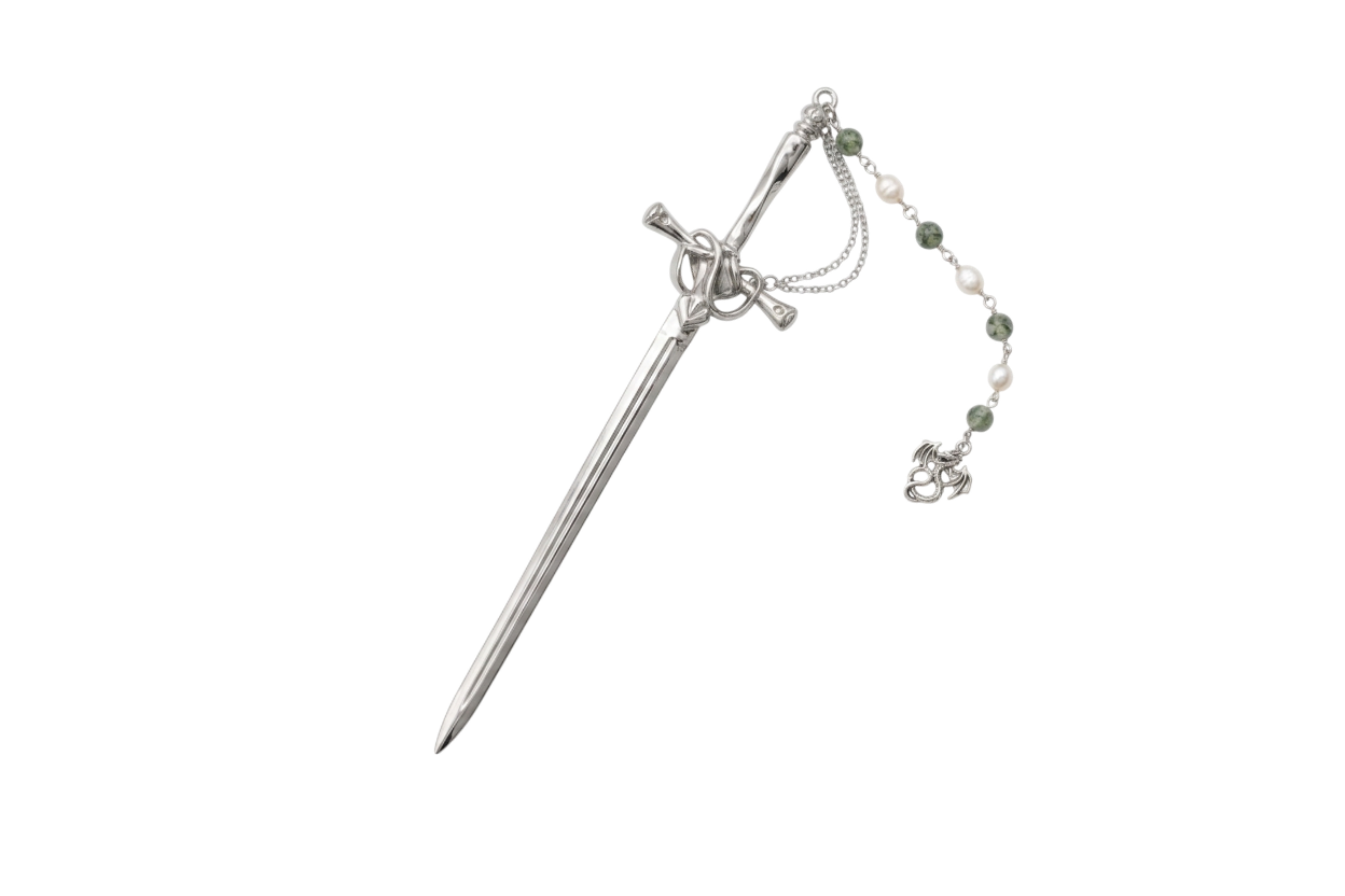 Pic à cheveux L'Épée de Valyria, unique argenté, cristal fantôme vert, perle d'eau douce AA, pendentif dragon