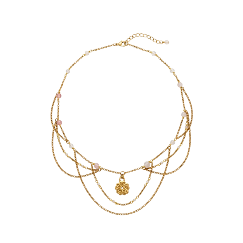 Collier Annelise, quartz rose 5A, préhnite 7A, pendentif fleur