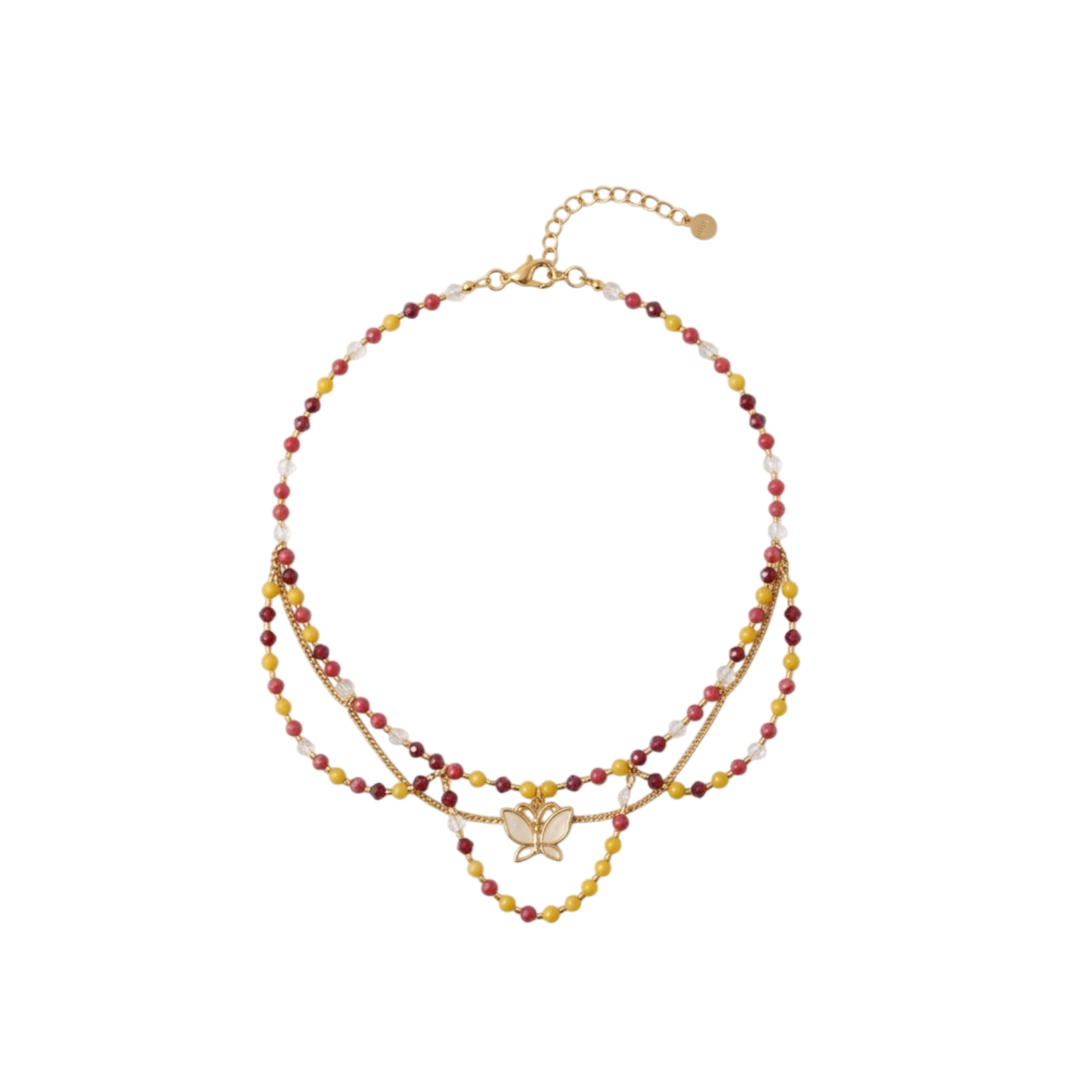 Collier Magix cristal de verre tons chauds, pendentif papillon nacre, doré