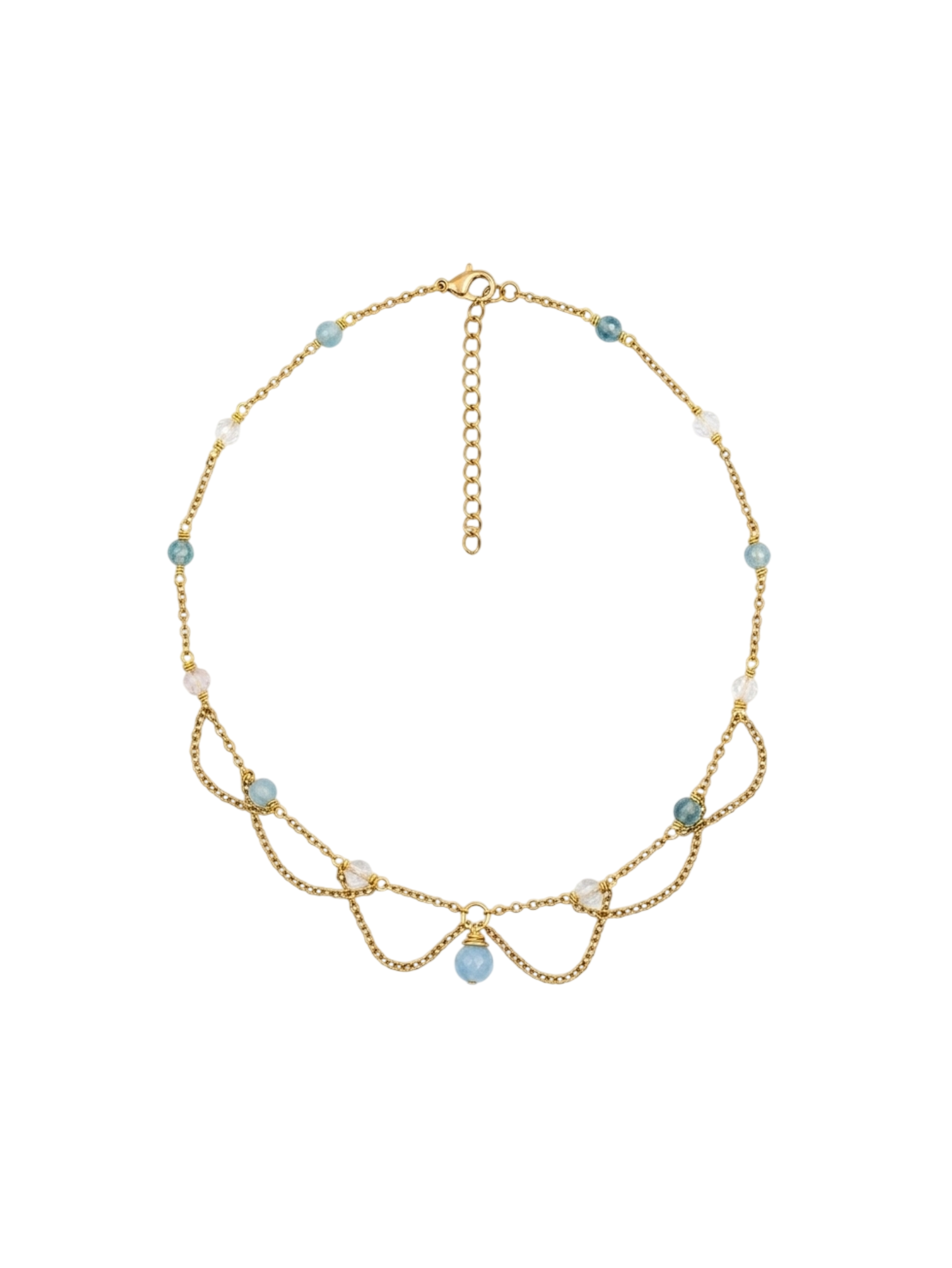 Collier Déborah aigue-marine, cristal de roche 3A, quartz rose 5A et calcédoine 7A, pièce unique doré