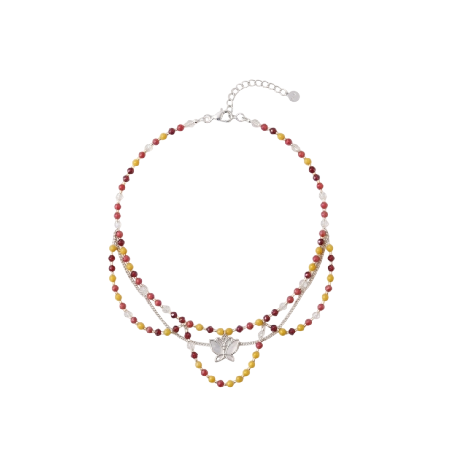 Collier Magix cristal de verre tons chauds, pendentif papillon nacre, argenté