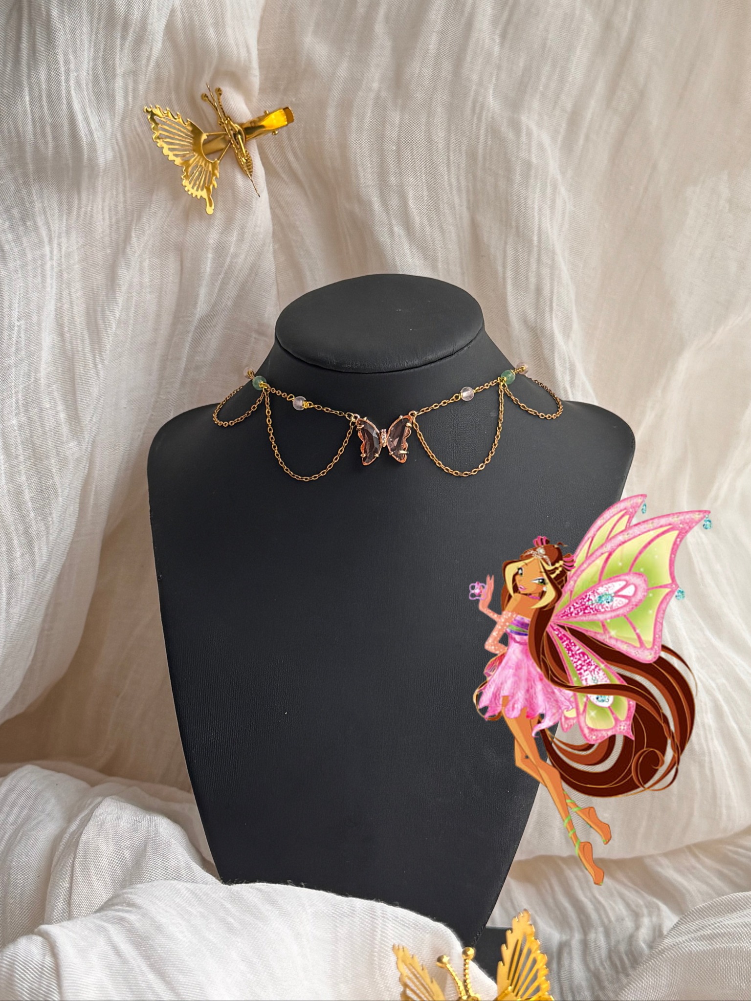 Collier Enchantix Flora, Quartz rose, aventurine verte, doré