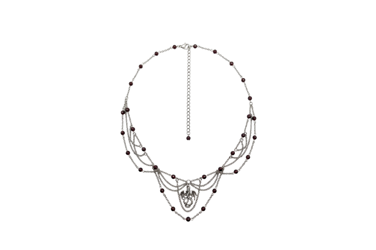 Collier La Mère des Dragons, unique argenté, grenat A, pendentif dragon