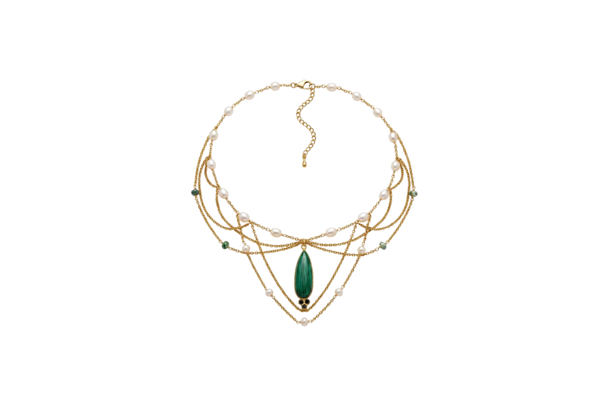 Collier Alicent, perle d'eau douce A et AA, agate mousse, pendentif goutte en malachite