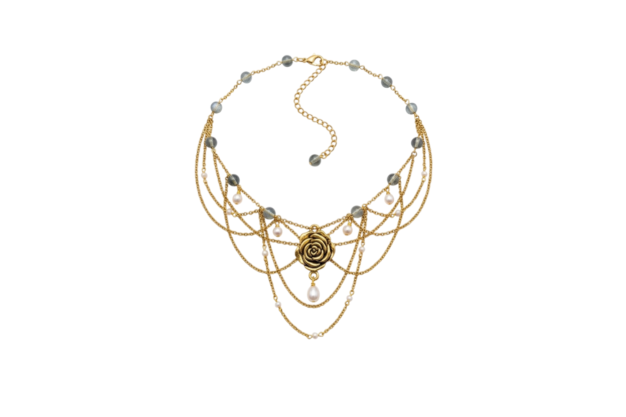 Collier Le Rosier Royal, unique doré, cristal fantôme vert, pierre de lune blanche AA, perle d'eau douce A et AA, pendentif rose