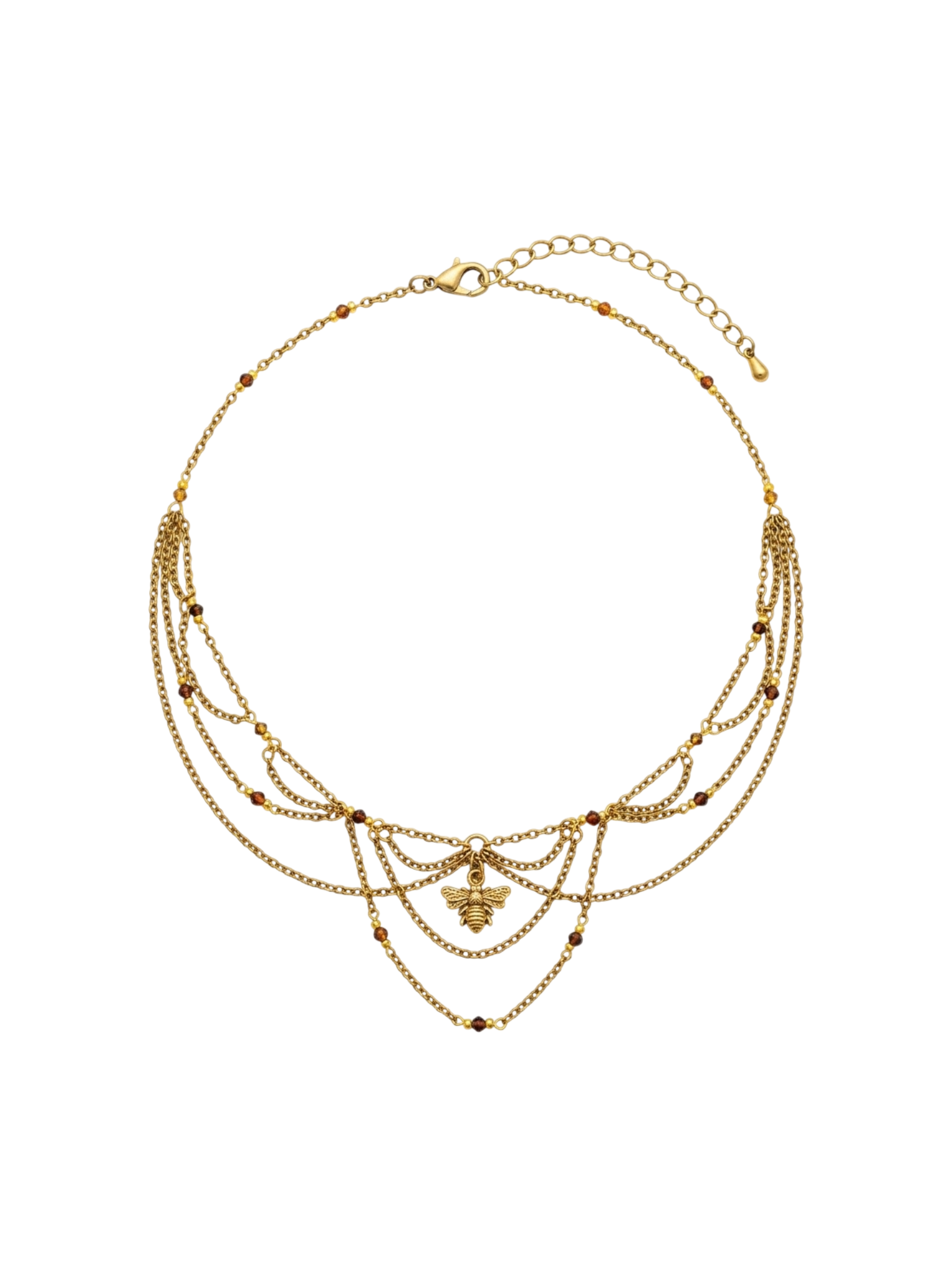 Collier Kate oeil de tigre, pendentif abeille, pièce unique doré