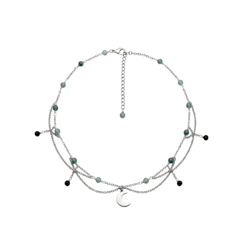 Collier Luna, aigue marine, saphir, pendentif lune