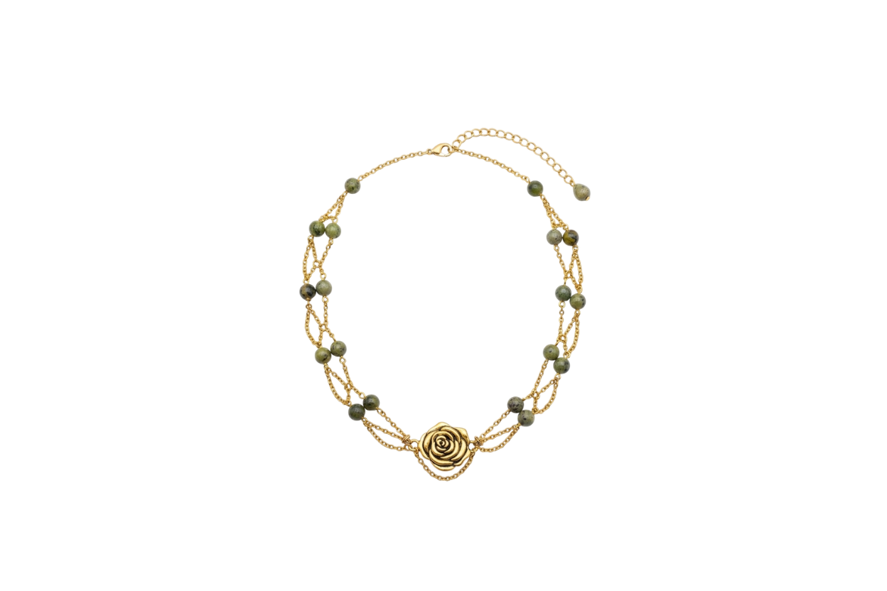 Collier Le Jardin des Roses, version doré, jade canadien 3A, pendentif rose