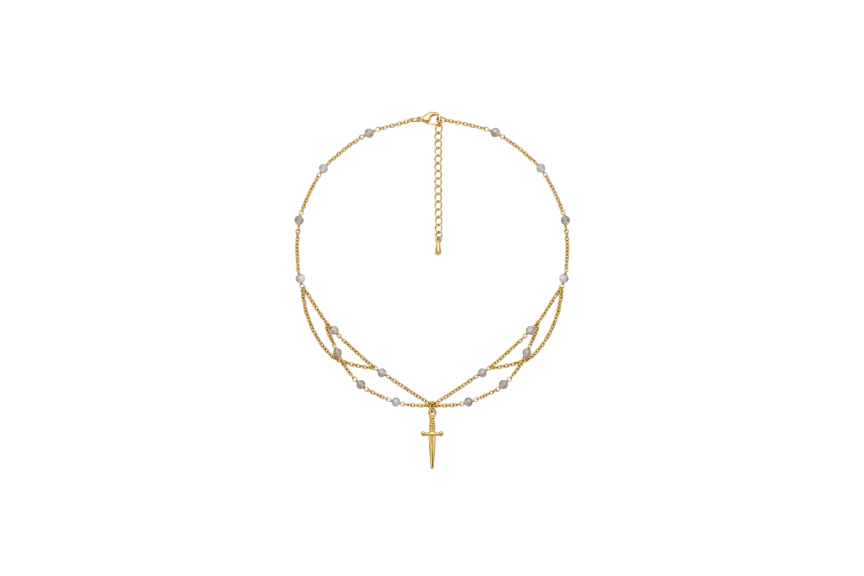 Collier Le Sang du Khal, perle de lune grise 3A, pendentif dague