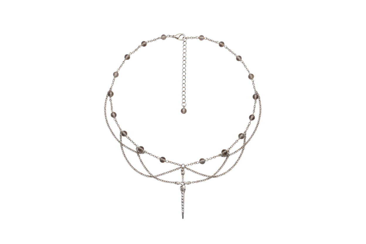 Collier La Lame et l’Honneur, version argenté, obsidienne de glace, pendentif épée