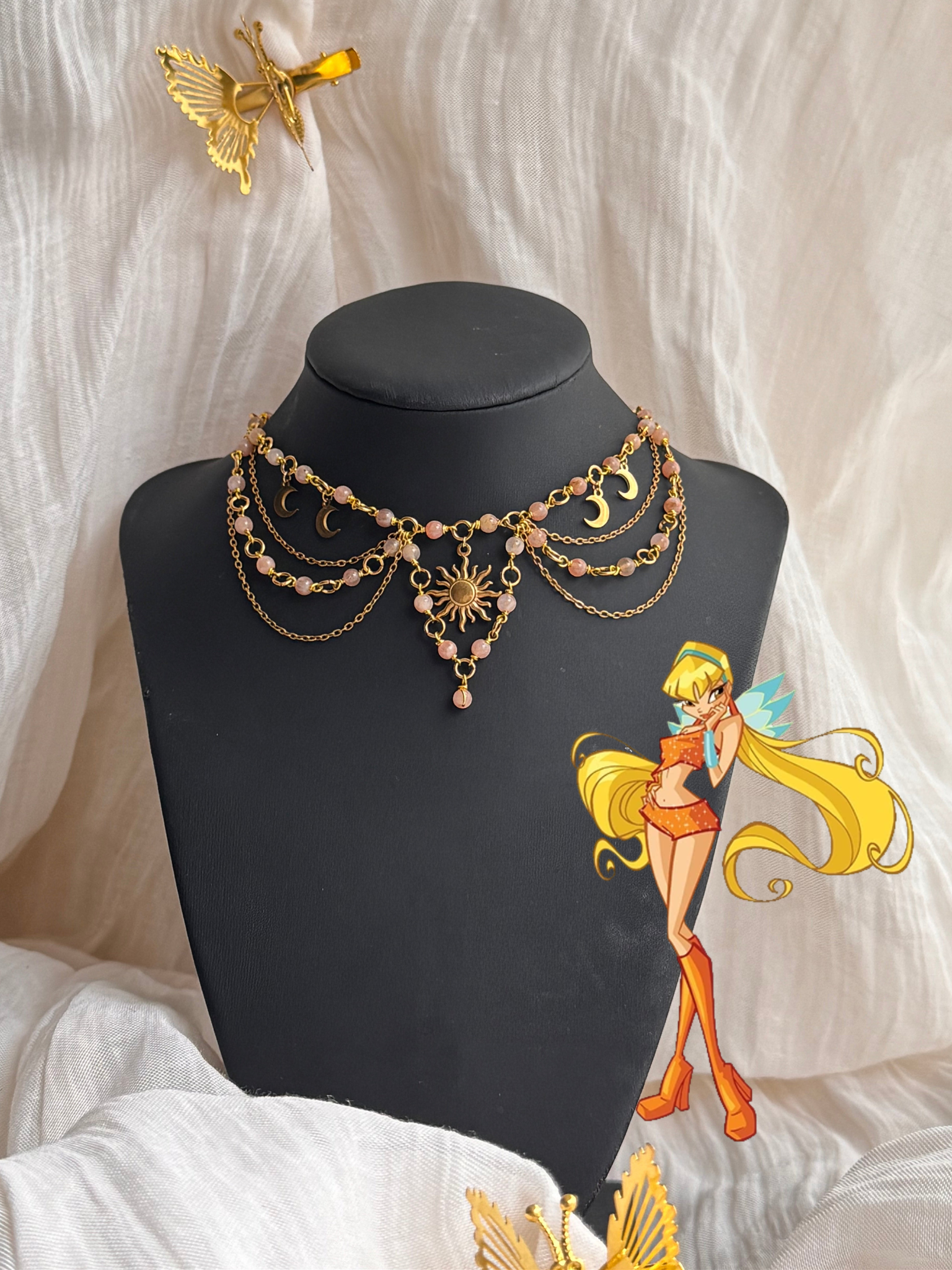 Collier Stella pierre de lune orange 3A, pièce unique doré