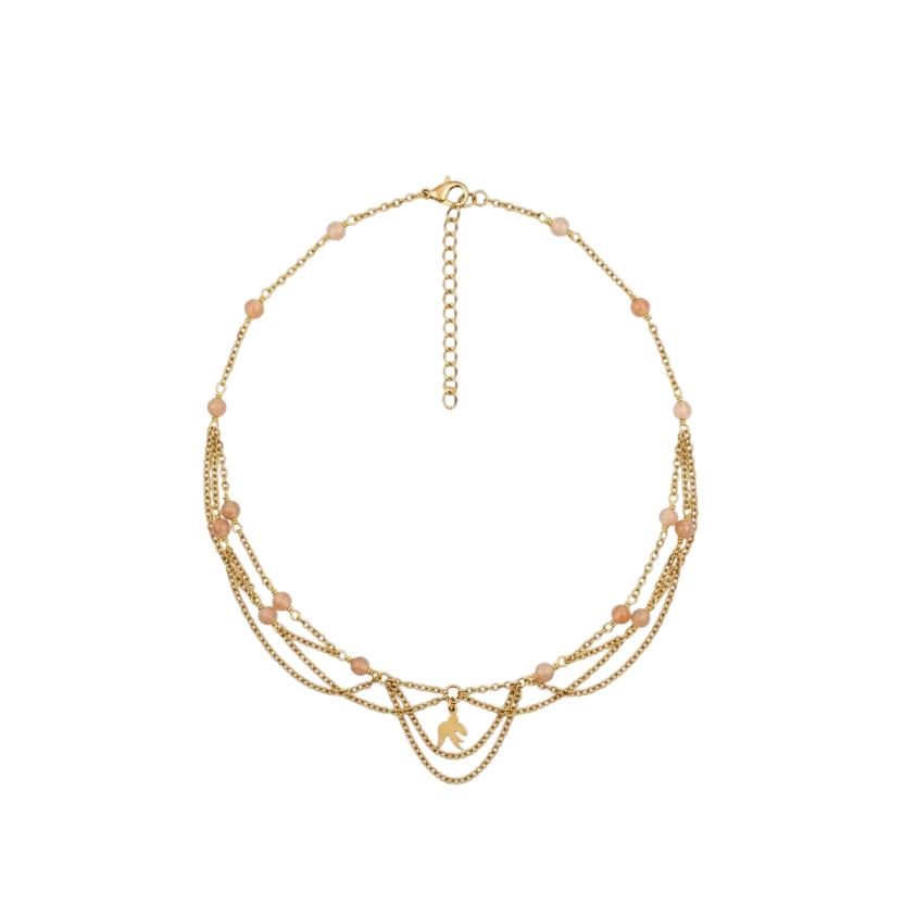 Collier Odette, pierre de lune orange 3A, pendentif hirondelle