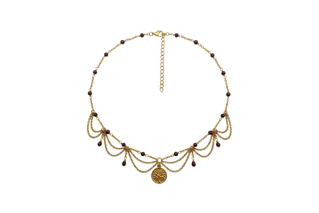 Collier Le Cœur du Barral, unique doré, perle de grenat 7A, pendentif arbre de vie
