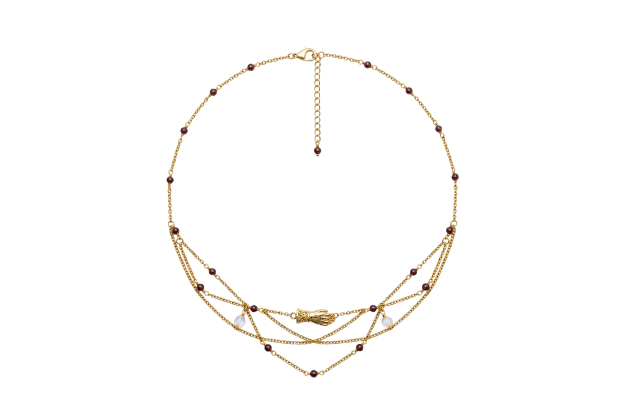 Collier La Main du Lion, unique doré, grenat 7A, cristal de roche, pendentif main 14k