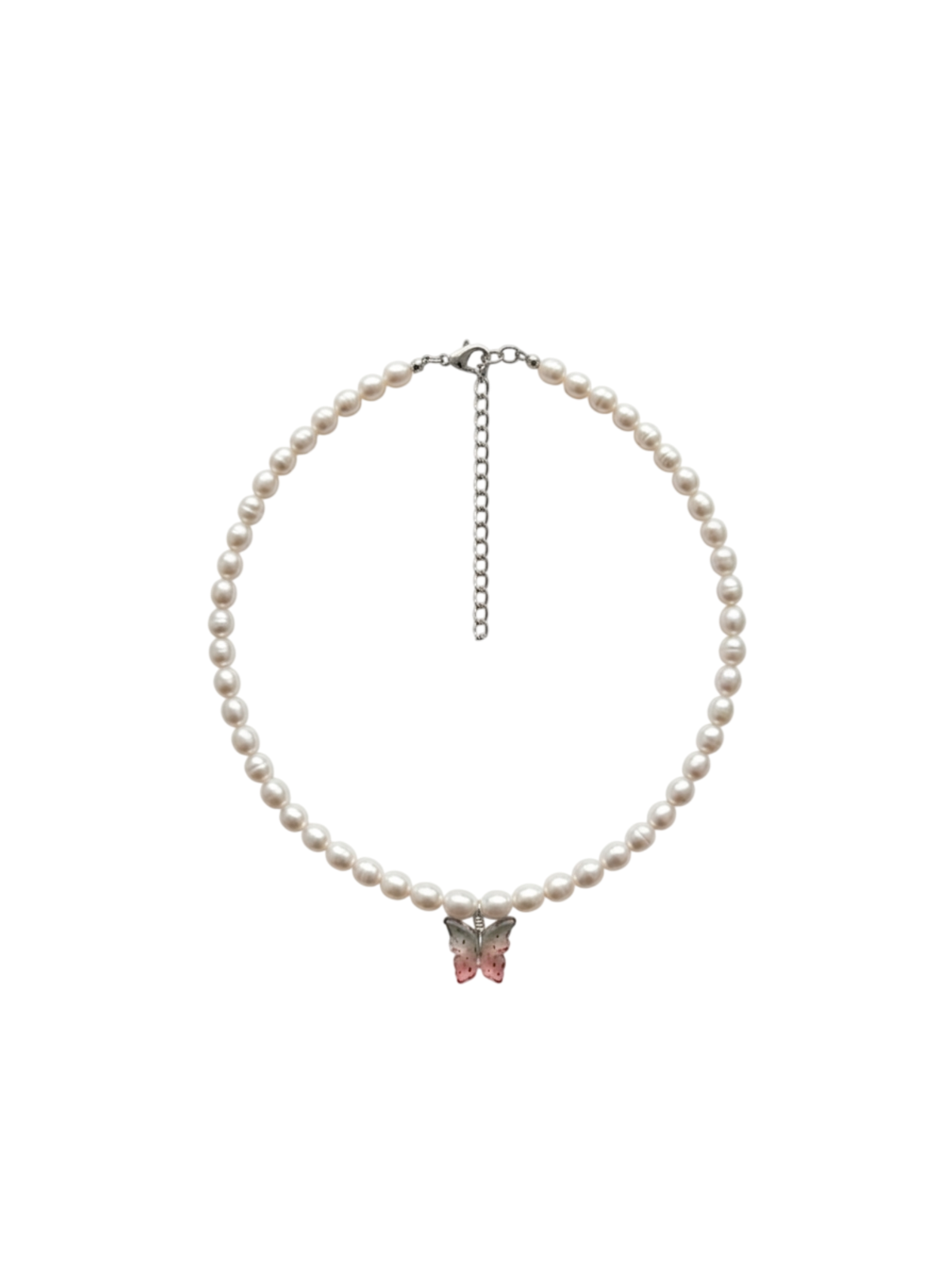 Collier Fééria perle d'eau douce A, pendentif papillon rose/vert argenté