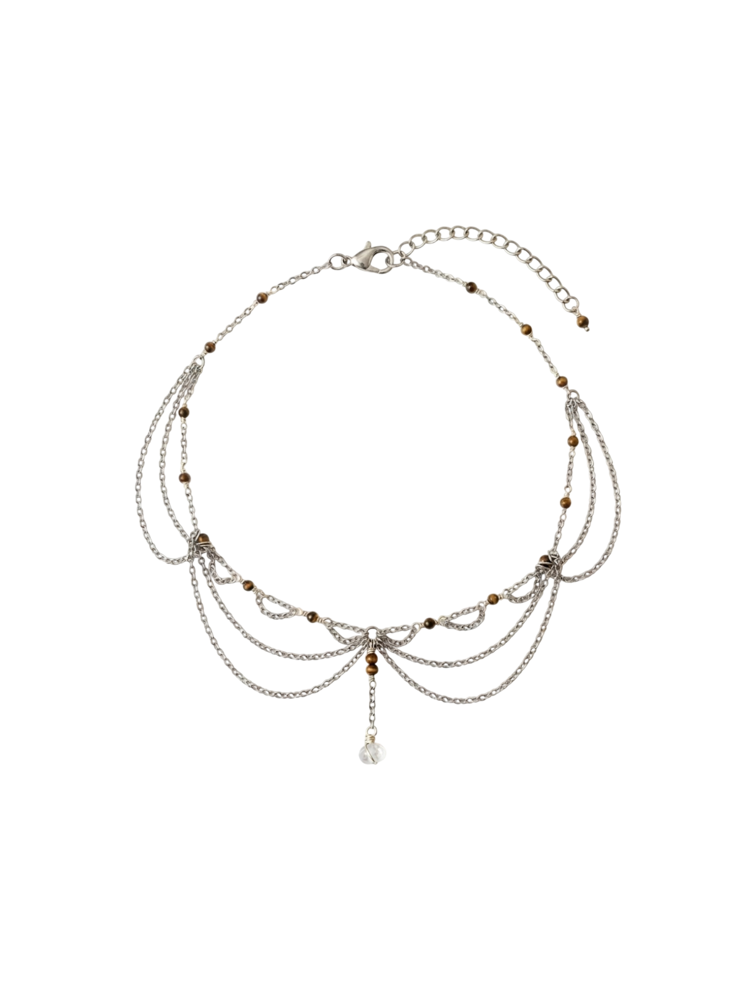 Collier Nymeria, oeil de tigre et perle d'eau douce, pièce unique argenté