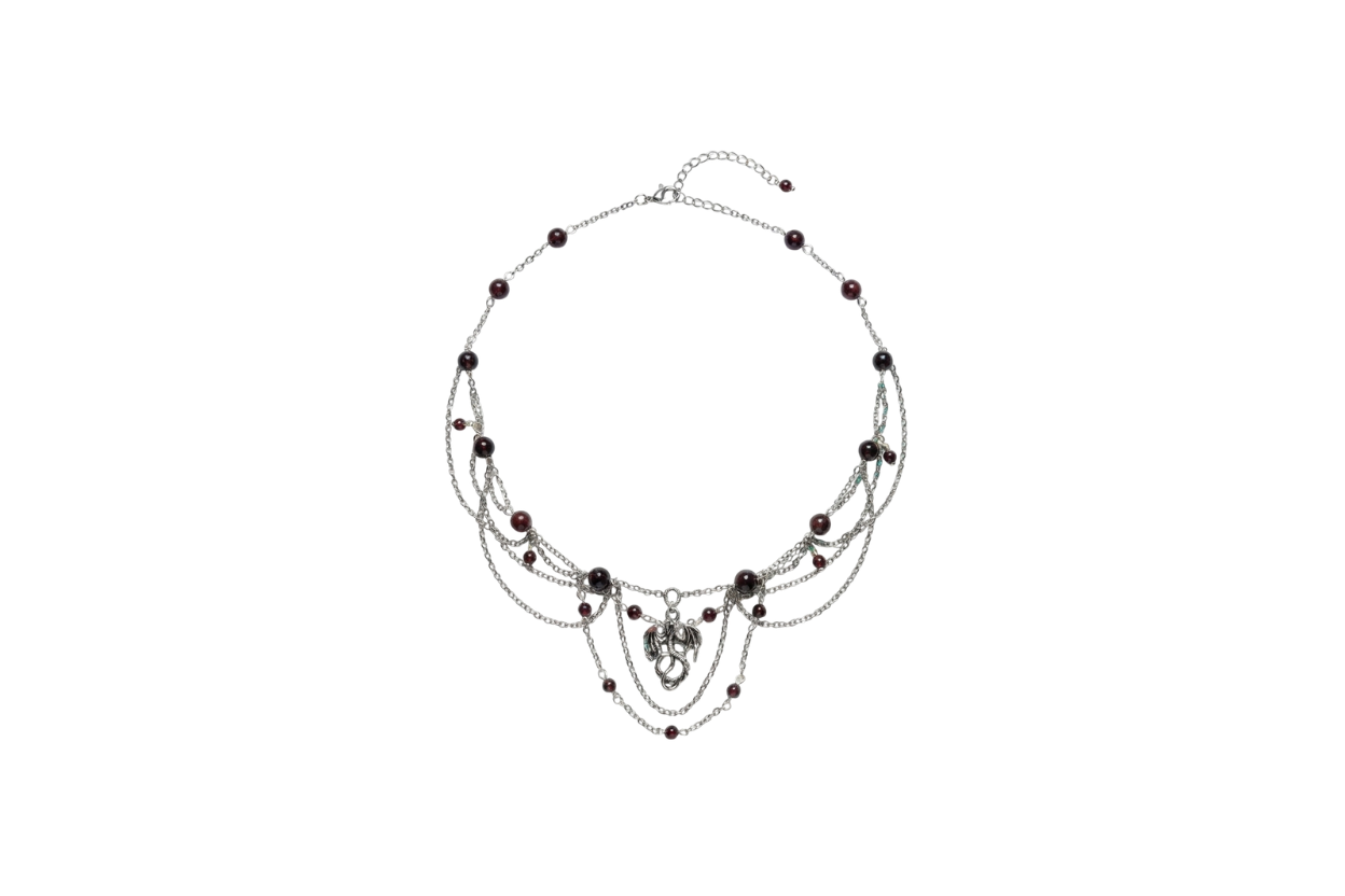 Collier L’Héritière du Feu, grenat foncé, grenat 1A, pendentif dragon