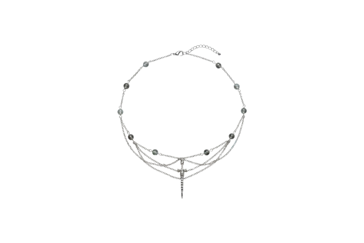 Collier Aiguille, version argenté, cristal fantôme vert, pendentif épée