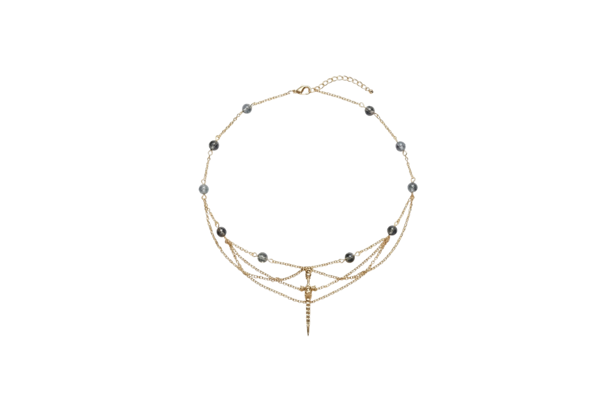 Collier Aiguille version doré, cristal fantôme vert, pendentif épée