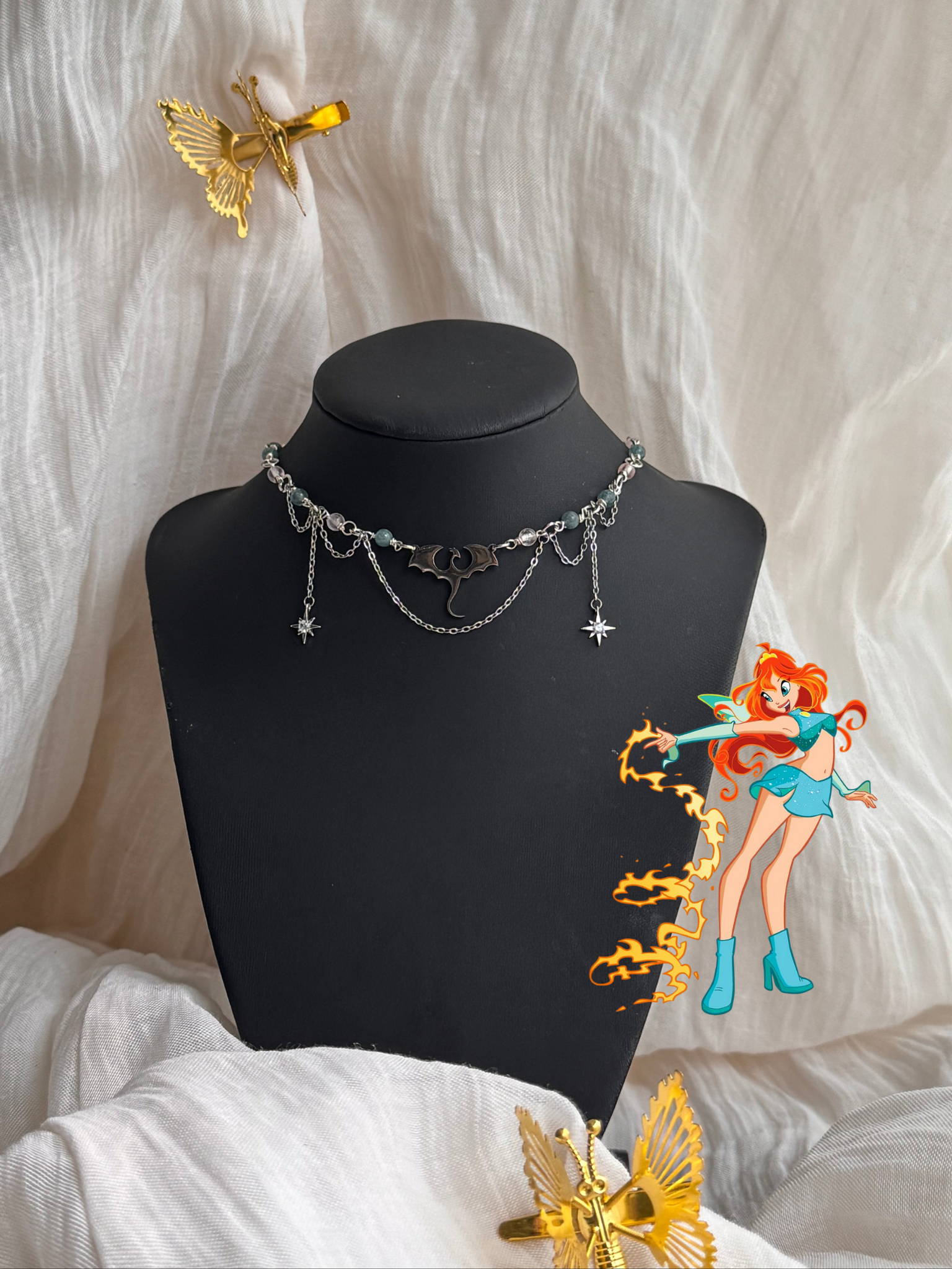 Collier Bloom, dragon, quartz rose 5A, aigue-marine, pièce unique argenté