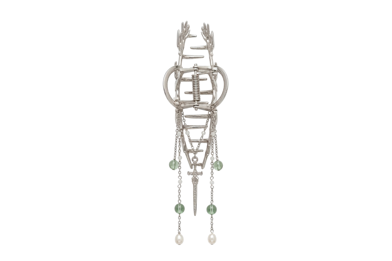 Pince à cheveux Lame d'Émeraude, version argenté, perle de lune AA, cristal fantôme vert, perle d'eau douce AA, pendentif épée