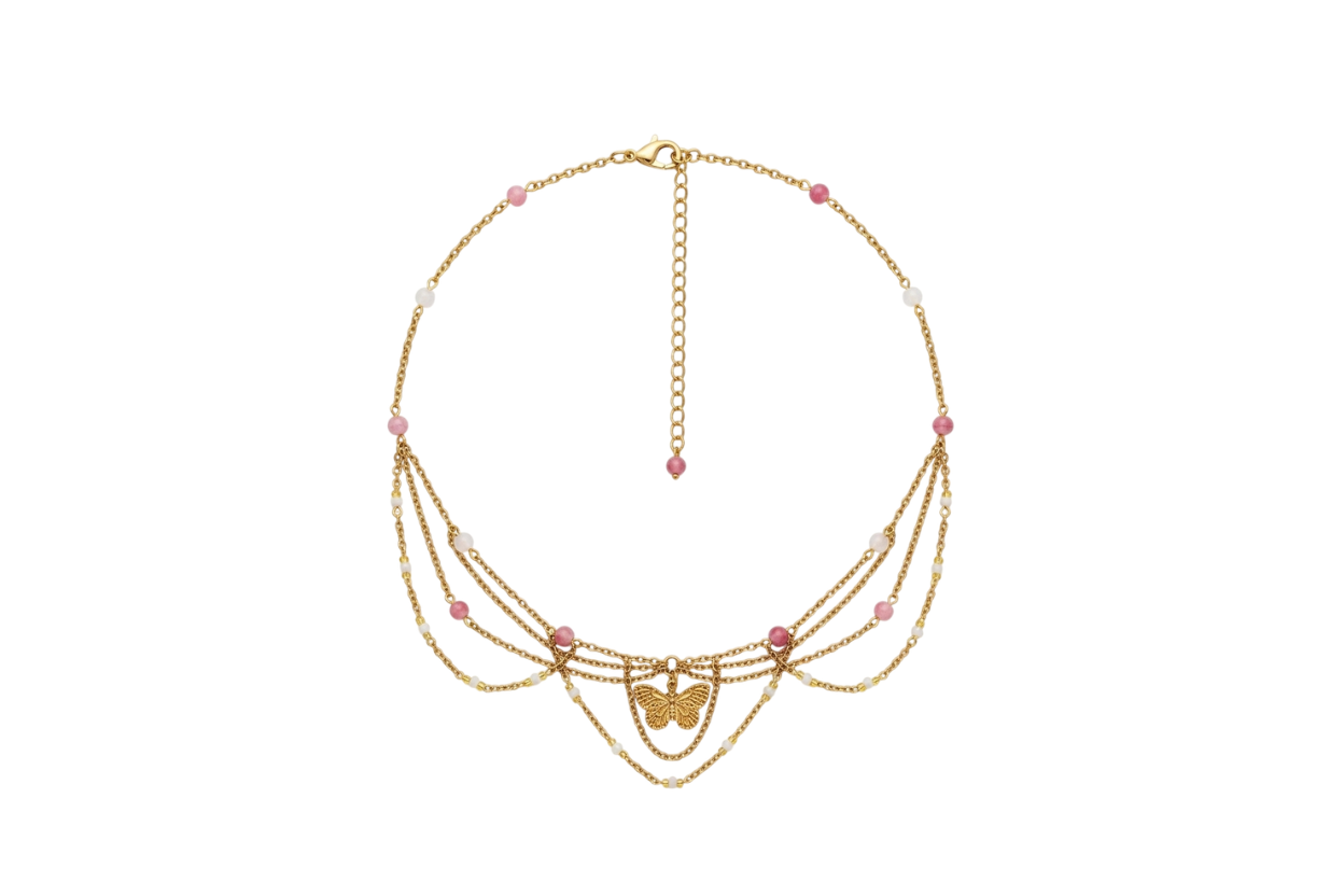 Collier Lorraine, cristal de roche 3A, pierre de lune AA, jade persan rose, pendentif papillon