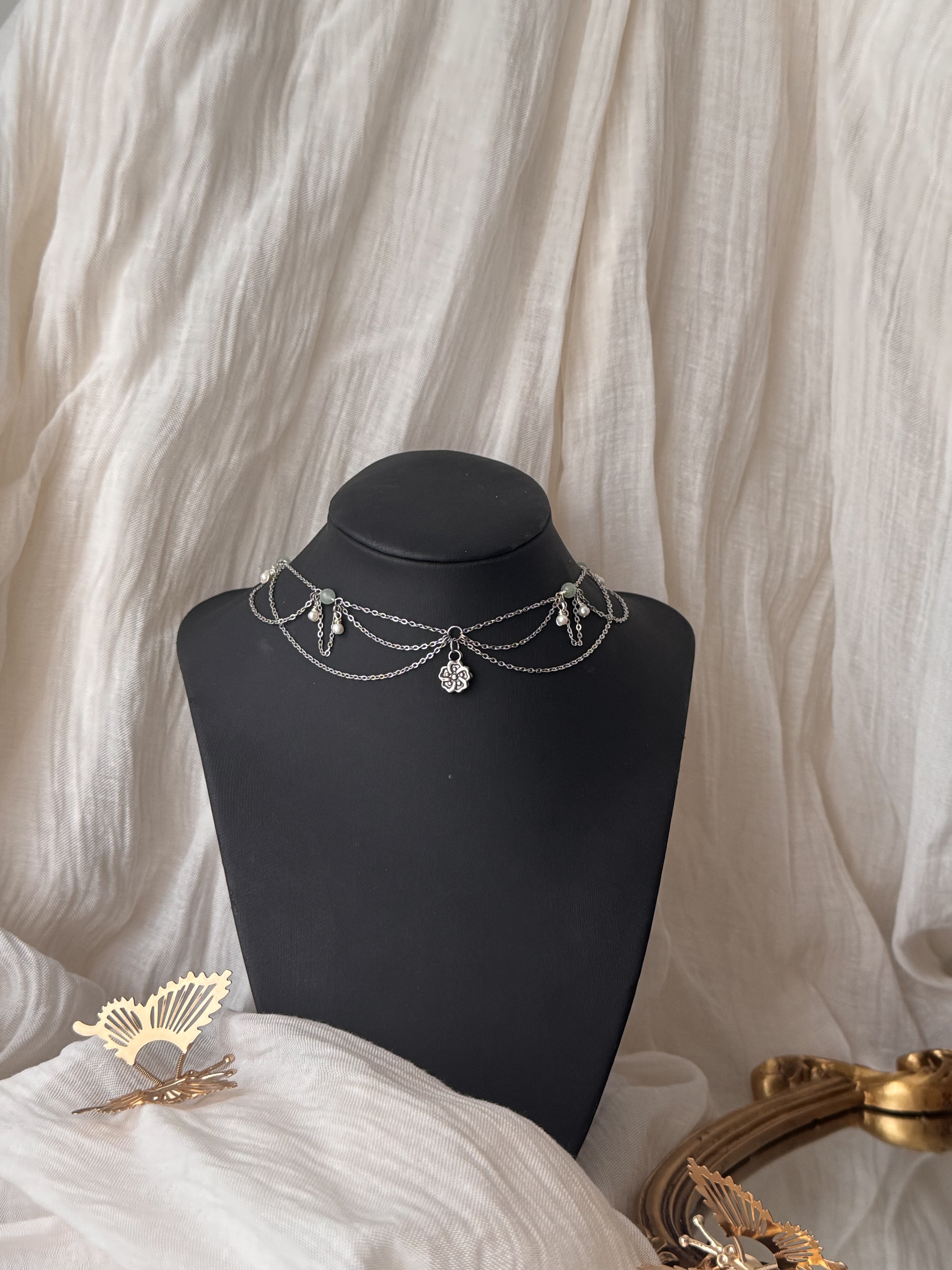 Collier Magnolia Aventurine verte, perle d’eau douce