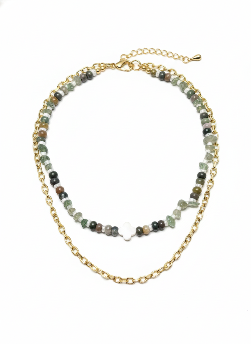 COLLIER GAÏA NACRE AGATE INDIENNE QUARTZ RUTILE