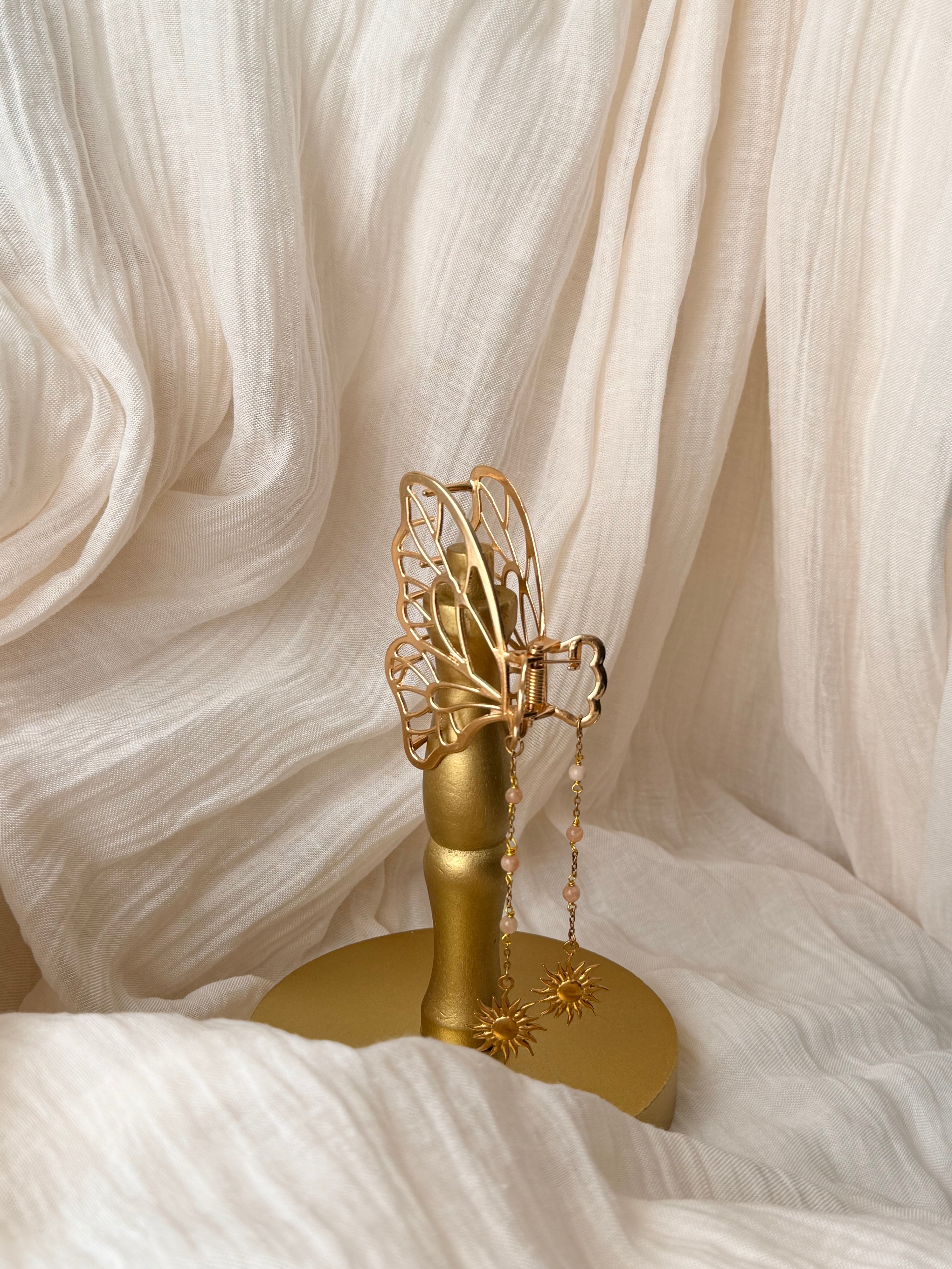 Pince à cheveux Solarys, pierre de lune orange, pièce unique doré